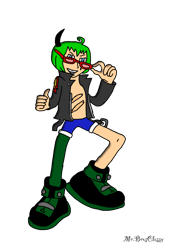 Size: 1042x1533 | Tagged: safe, artist:noooonswing, scourge the hedgehog, human, asymmetrical legwear, blue eyes, glasses, green hair, horn, humanized, jacket, male, scars, shoes, shorts, single leg pantyhose, sunglasses