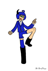 Size: 1042x1533 | Tagged: safe, artist:noooonswing, sonic the hedgehog, human, asymmetrical footwear, asymmetrical legwear, blazer, blue hair, boots, green eyes, horn, humanized, male, shirt, shorts, single boot, single knee boot, single thighhigh