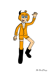 Size: 1042x1533 | Tagged: safe, artist:noooonswing, miles "tails" prower, human, asymmetrical footwear, asymmetrical legwear, blazer, blue eyes, boots, horn, humanized, male, orange hair, shirt, shorts, single boot, single knee boot, single thighhigh