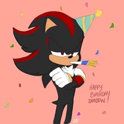 Size: 828x828 | Tagged: safe, artist:solar socks, shadow the hedgehog, hedgehog, birthday, black fur, gloves, male, party hat, red eyes, red fur