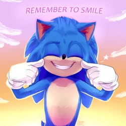 Size: 900x900 | Tagged: safe, artist:solar socks, sonic the hedgehog, hedgehog, blue fur, eyes closed, gloves, male, movie style, smile