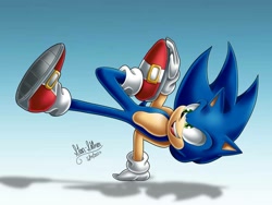 Size: 1032x775 | Tagged: safe, artist:star-shiner, sonic the hedgehog, hedgehog, blue fur, gloves, green eyes, male, shoes, socks