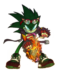 Size: 801x998 | Tagged: safe, artist:dawnhedgehog555, scourge the hedgehog, hedgehog, blue eyes, chainsaw, fingerless gloves, flame, glasses, glasses on head, gloves, green fur, jacket, male, scars, sharp teeth, shoes, sunglasses