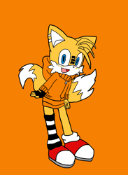 Size: 764x1046 | Tagged: safe, artist:noooonswing, miles "tails" prower, fox, asymmetrical legwear, blue eyes, hoodie, male, orange fur, shoes, single fingerless glove, single over-kneehigh, single sock, vocaloid