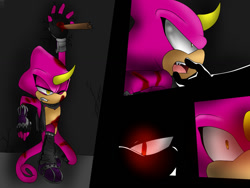 Size: 900x675 | Tagged: semi-grimdark, artist:missydischa, artist:sarahthecatlove, espio the chameleon, shadow the hedgehog, 2012, bleeding, blood, color edit, glowing eyes, impaled, injured, lidded eyes, looking at each other, mouth open, shrunken pupils