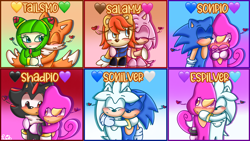 Size: 1920x1080 | Tagged: safe, artist:lilcookiebug, amy rose, cosmo the seedrian, espio the chameleon, miles "tails" prower, sally acorn, shadow the hedgehog, silver the hedgehog, sonic the hedgehog, 2023, abstract background, blushing, cute, gay, group, heart, hugging, lesbian, panels, sallamy, shadpio, ship name, shipping, silvio, smile, sonespio, sonilver, straight, tailsmo