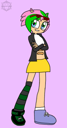 Size: 752x1429 | Tagged: safe, artist:noooonswing, rosy the rascal, scourge the hedgehog, human, asymmetrical footwear, asymmetrical legwear, female, fusion, glasses, glasses on head, green hair, humanized, jacket, male, pink hair, scars, shirt, shoes, single sock, single thighhigh, skirt, sunglasses