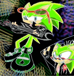 Size: 740x760 | Tagged: safe, artist:4sonicfan, scourge the hedgehog, hedgehog, blue eyes, fingerless gloves, glasses, glasses on head, gloves, green fur, guitar, jacket, male, scars, shoes, sunglasses