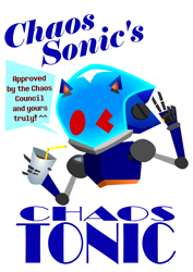 Size: 794x1123 | Tagged: safe, artist:jupitercl0uds, chaos sonic, sonic prime s2, ^^, bust, character name, cup, dialogue, drink, english text, holding something, lineless, looking at viewer, robot, simple background, solo, speech bubble, straw, v sign, white background, wink