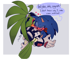 Size: 2048x1679 | Tagged: safe, artist:yu33_pm, jet the hawk, sonic the hedgehog, bandana, blushing, border, bust, cute, dialogue, duo, english text, eyes closed, gay, gradient background, heart, hugging, jetabetes, one fang, shipping, signature, smile, sonabetes, sonjet, speech bubble, standing