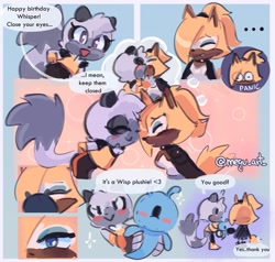 Size: 2047x1951 | Tagged: safe, artist:megu-art-blog, tangle the lemur, whisper the wolf, wisp, ..., :>, abstract background, birthday, blushing, cute, dialogue, duo, english text, lesbian, question mark, shipping, sparkles, speech bubble, stuffed animal, tangabetes, tangle x whisper, whispabetes