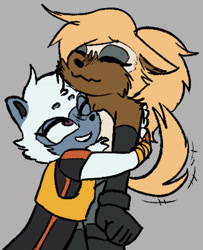 Size: 1050x1290 | Tagged: safe, artist:dreaminginmysoup, tangle the lemur, whisper the wolf, alternate version, colored version, cute, duo, eyes closed, grey background, hugging, lesbian, looking at them, one eye closed, shipping, simple background, smile, standing, tangabetes, tangle x whisper, wagging tail, whispabetes