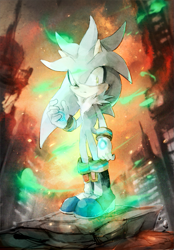 Size: 547x786 | Tagged: safe, artist:natty650, silver the hedgehog, fire, psychokinesis