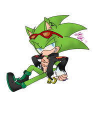 Size: 772x1035 | Tagged: safe, artist:viliotzlatis, scourge the hedgehog, hedgehog, blue eyes, fingerless gloves, glasses, glasses on head, gloves, green fur, jacket, male, scars, sharp teeth, shoes, sunglasses