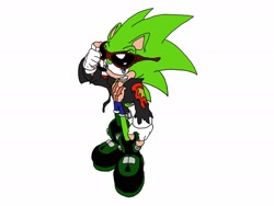 Size: 2400x1800 | Tagged: safe, artist:noooonswing, scourge the hedgehog, hedgehog, asymmetrical legwear, blue eyes, fingerless gloves, glasses, glasses on head, gloves, green fur, jacket, male, scars, shoes, shorts, single leg pantyhose, sunglasses