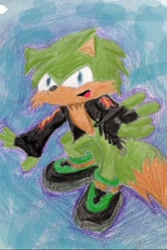 Size: 640x960 | Tagged: safe, artist:silhouetterobotnik, oc, oc:virulent the fox, fox, blue eyes, fingerless gloves, gloves, green fur, jacket, male, shoes