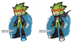 Size: 360x205 | Tagged: safe, artist:ken penders, scourge the hedgehog, hedgehog, blue eyes, boots, fingerless gloves, glasses, glasses on head, gloves, green fur, jacket, male, scars, sunglasses