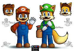 Size: 1069x748 | Tagged: safe, artist:jocelynminions, fox, raccoon, cap, crossover, gloves, luigi, male, mario, mobianified, mustache, overalls, shirt, shoes