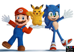 Size: 1069x748 | Tagged: safe, artist:jocelynminions, sonic the hedgehog, crossover, detective pikachu, mario, movie style, pikachu