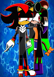 Size: 400x572 | Tagged: safe, artist:thunder-the-mouse, shadow the hedgehog, oc, oc:thunder dark the hedgemouse, hedgehog, mouse, belt, black fur, boots, brown fur, female, fingerless gloves, glasses, glasses on head, gloves, jacket, male, red eyes, red fur, shirt, shoes, shorts, sunglasses