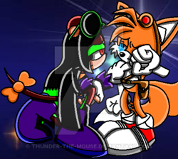 Size: 400x358 | Tagged: safe, artist:thunder-the-mouse, miles "tails" prower, oc, oc:thunder dark the hedgemouse, fox, mouse, female, male