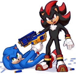 Size: 1080x1080 | Tagged: safe, artist:solar socks, shadow the hedgehog, sonic the hedgehog, hedgehog, male, movie style, nerf gun