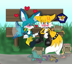 Size: 2048x1828 | Tagged: safe, artist:cyngawolf, kit the fennec, miles "tails" prower, angry, bench, blushing, boots, cross popping vein, daytime, duo, ear piercing, ears up, emo, emo kit, emo tails, floppy ears, gay, gift box, grass, heart, kitails, looking at them, looking offscreen, nose ring, outdoors, present, shipping, sitting, smile, spiked bracelet, spiked collar, wagging tail