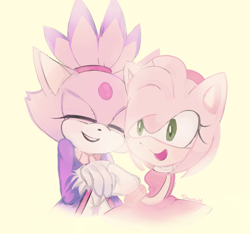 Size: 700x654 | Tagged: safe, artist:starsuit, amy rose, blaze the cat, cat, hedgehog, 2014, amy x blaze, amy's halterneck dress, blaze's tailcoat, cute, eyes closed, female, females only, holding hands, lesbian, shipping