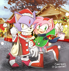 Size: 1280x1313 | Tagged: safe, artist:cometbird, amy rose, blaze the cat, cat, hedgehog, 2020, amy x blaze, bag, christmas, cute, female, females only, lesbian, looking at viewer, santa outfit, shipping