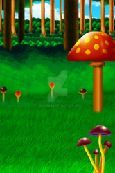 Size: 600x901 | Tagged: safe, artist:coraleana, 2010, abstract background, deviantart watermark, grass, landscape, lineless, mushroom, mushroom hill, no characters, sonic the hedgehog 3, tree