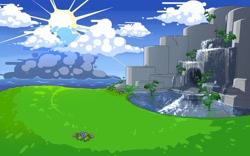 Size: 1024x640 | Tagged: artist needed, safe, sonic adventure 2, abstract background, chao garden, clouds, daytime, flower, grass, no characters, ocean, plant, water, waterfall