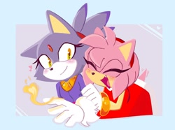 Size: 1749x1303 | Tagged: safe, artist:callmeshy350, amy rose, blaze the cat, cat, hedgehog, 2023, amy x blaze, amy's halterneck dress, blaze's tailcoat, cute, eyes closed, female, females only, flame, hand on arm, heart, lesbian, shipping