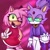 Size: 2000x2000 | Tagged: safe, artist:senordizi, amy rose, blaze the cat, cat, hedgehog, 2023, amy x blaze, amy's halterneck dress, blaze's tailcoat, cute, female, females only, green sclera, lesbian, mouth open, one eye closed, peace sign, shipping