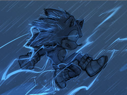 Size: 1286x968 | Tagged: safe, artist:bl00doodle, sonic the hedgehog, clenched fist, clenched teeth, electricity, glowing eyes, looking ahead, male, mid-air, movie style, rain, solo