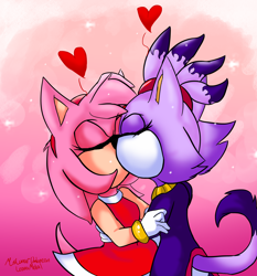 Size: 2940x3150 | Tagged: safe, artist:mslunarumbreon, amy rose, blaze the cat, cat, hedgehog, 2023, amy x blaze, amy's halterneck dress, blaze's tailcoat, cute, female, females only, hand on arm, hand on back, hearts, kiss, lesbian, shipping