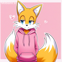 Size: 512x512 | Tagged: safe, ai art, artist:mobians.ai, miles "tails" prower, aged up, border, ear fluff, heart, hoodie, lidded eyes, looking offscreen, older, outline, pink background, prompter:taeko, simple background, smile, solo, standing