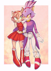 Size: 1280x1791 | Tagged: safe, artist:knucklesenjoyer, amy rose, blaze the cat, cat, hedgehog, 2022, amy x blaze, amy's halterneck dress, blaze's tailcoat, blushing, cute, female, females only, hand on arm, lesbian, shipping