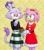 Size: 1400x1600 | Tagged: safe, artist:lali-lop, amy rose, blaze the cat, cat, hedgehog, 2017, amy x blaze, blushing, christmas, christmas outfit, cute, female, females only, lesbian, present, shipping