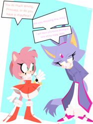 Size: 1280x1707 | Tagged: safe, artist:artyyline, amy rose, blaze the cat, cat, hedgehog, 2019, amy x blaze, amy's halterneck dress, blaze's tailcoat, cute, english text, female, females only, hands on back, lesbian, shipping