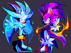 Size: 2048x1535 | Tagged: safe, artist:kuroiyuki96, blaze the cat, silver the hedgehog, duo, fire, flames, frown, grey background, looking at viewer, pixel art, psychokinesis, simple background, standing