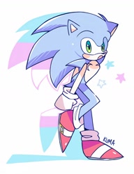 Size: 1000x1304 | Tagged: dead source, safe, artist:kumakumaoii, sonic the hedgehog, 2023, :o, blushing, cute, looking at viewer, male, mouth open, pastel style, shadow (lighting), signature, simple background, solo, sonabetes, standing on one leg, star (symbol), top surgery scars, trans male, trans pride, transgender, white background