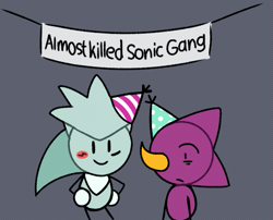 Size: 593x478 | Tagged: safe, artist:neetclown, espio the chameleon, silver the hedgehog, banner, cute, duo, english text, espibetes, featured image, frown, grey background, party hat, silvabetes, simple background, smile, standing