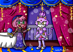 Size: 700x500 | Tagged: safe, artist:goddessprincesslulu, amy rose, blaze the cat, cat, hedgehog, 2023, amy x blaze, cute, female, females only, fortune teller, lesbian, magical girl outfit, shipping