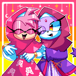 Size: 1300x1300 | Tagged: safe, artist:kiwiasli, amy rose, blaze the cat, cat, hedgehog, 2023, amy x blaze, cute, eyes closed, female, females only, hand on arm, lesbian, moon, one eye closed, shipping, star (symbol)