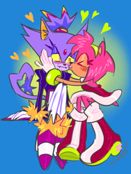 Size: 540x720 | Tagged: safe, artist:loveseiusa, amy rose, blaze the cat, cat, hedgehog, 2019, amy x blaze, amy's halterneck dress, blaze's tailcoat, cute, eyes closed, fangs, female, females only, heart tail, hearts, kiss on cheek, lesbian, shipping, yellow sclera