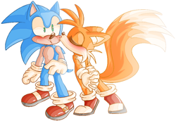 Size: 890x611 | Tagged: dead source, safe, artist:crazygreenfluff, miles "tails" prower, sonic the hedgehog, 2023, blushing, duo, eyes closed, gay, hands together, kiss on cheek, leaning in, pout, shipping, simple background, sonic x tails, standing, white background