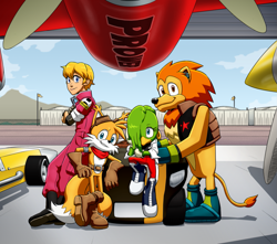 Size: 1421x1256 | Tagged: safe, artist:joeadok, hope kintobor, miles "tails" prower, tekno the canary, cyrus the lion, older