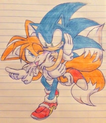 Size: 877x1024 | Tagged: safe, artist:shinatosark, miles "tails" prower, sonic the hedgehog, 2023, blushing, carrying them, cute, duo, gay, lined paper, shipping, smile, sonic x tails, traditional media, wink