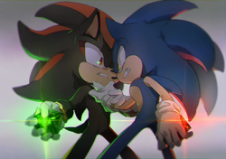 Size: 800x564 | Tagged: safe, artist:fumomo, shadow the hedgehog, sonic the hedgehog, chaos emerald