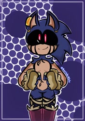 Size: 874x1240 | Tagged: safe, artist:borisbrrlx, sonic the hedgehog, oc, oc:sonic.exe, 2023, abstract background, adorascary, alternate universe, au:the curse, black sclera, bleeding from eyes, boots, chest fluff, ear piercing, outline, redraw, shoulder fluff, signature, smile, solo, standing, top surgery scars, torn gloves, torn socks, trans male, transgender